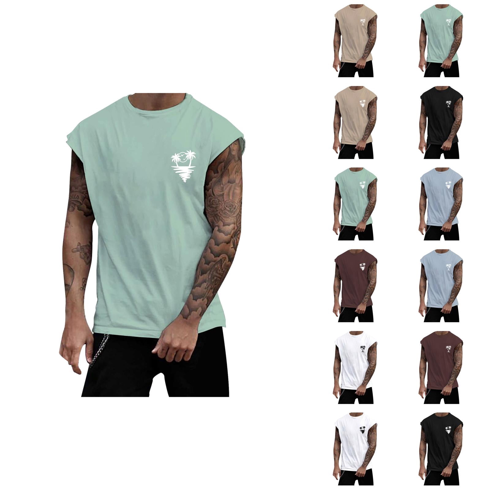 Beach Tank Tops for Men Coconut Tree Print Crewneck Sleeveless Shirt ...
