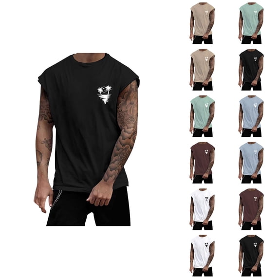 Beach Tank Tops for Men Coconut Tree Print Crewneck Sleeveless Shirt Hawaii Tropical Vacation Mens Tanks