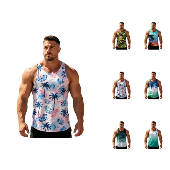 Beach Tank Tops for Men Summer Casual Crewneck Sleeveless Shirt Hawaii Tropical Vacation Tops