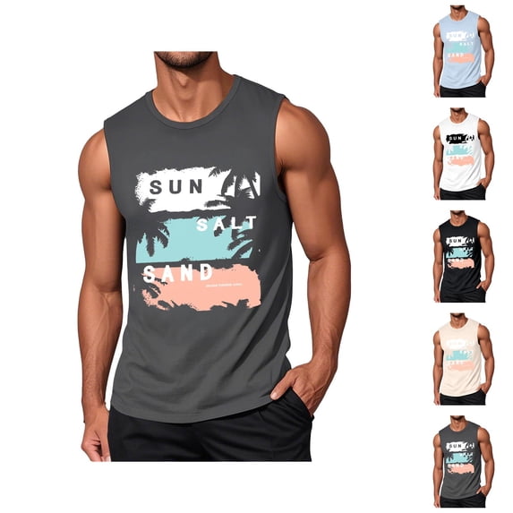 Beach Tank Tops for Men Sun Salt Sand Graphic Casual Crewneck Sleeveless Shirt Hawaii Tropical Vacation Tops