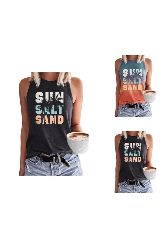 Beach Tank Tops for Women Sun Salt Sand Graphic Crewneck Sleeveless Shirt Hawaii Tropical Vacation Womens Tanks