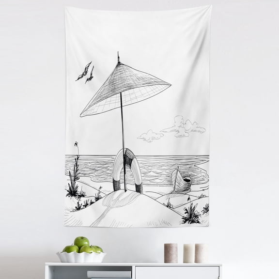 Beach Tapestry, Doodle Style Sketch Pattern Monochrome Illustration Ocean and Boat Pencil Drawing, Fabric Wall Hanging Decor for Bedroom Living Room Dorm, 5 Sizes, Black White, by Ambesonne