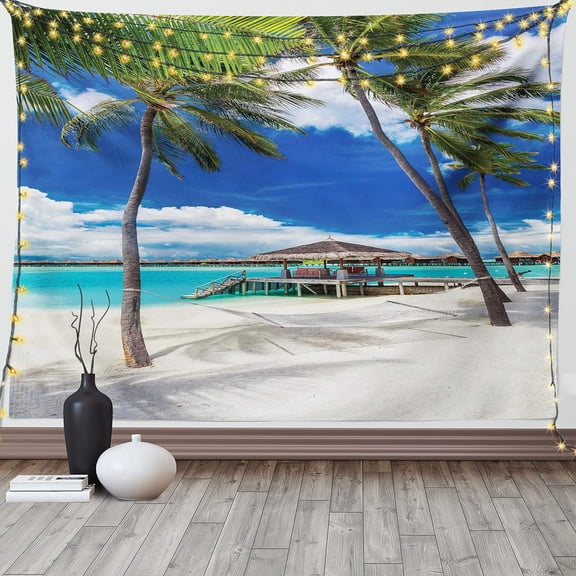 Beach Tapestry, Empty Hammock Between Palm Trees Beach with Vibrant Summer Sky Picture, Fabric Wall Hanging Decor for Bedroom Living Room Dorm, 90" X 60", Coconut Blue