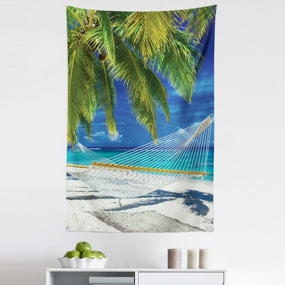 Beach Tapestry, Hammock on the Sandy Beach Between Palm Coconut Overlooking Sea Nature Art, Fabric Wall Hanging Decor for Bedroom Living Room Dorm, 5 Sizes, Cream Navy Green, by Ambesonne