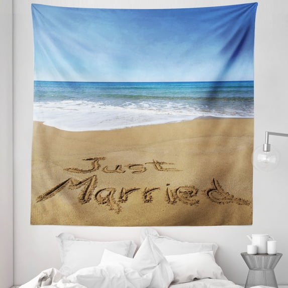 Beach Tapestry, Just Married Written on Sandy Beach Ocean Waves Romantic Photo Celebration, Fabric Wall Hanging Decor for Bedroom Living Room Dorm, 5 Sizes, Blue Brown White, by Ambesonne