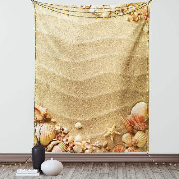Beach Tapestry, Nautical Composition with Sandy Beach Frame Surrounded by Various Sea Shells, Wall Hanging for Bedroom Living Room Dorm Decor, 60W X 80L Inches, Sand Brown Coral, by Ambesonne