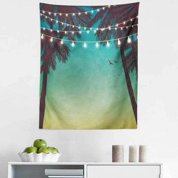 Beach Tapestry, Night Time Beach Sunset Design with Little Lantern and Island Palm Trees Art Print, Fabric Wall Hanging Decor for Bedroom Living Room Dorm, 5 Sizes, Multicolor, by Ambesonne