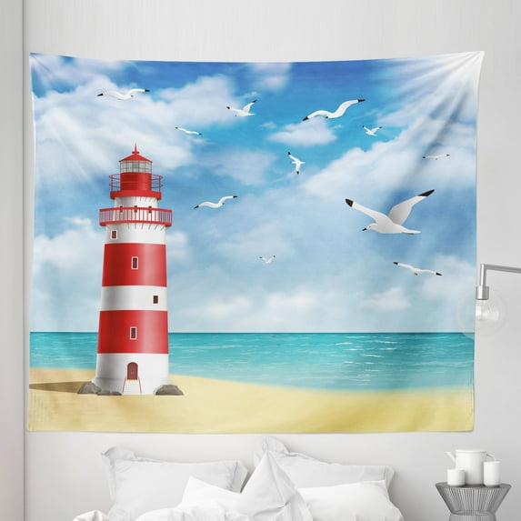 Beach Tapestry, Realistic Illustration Lighthouse on Calm Seashore Flying Seagulls Ocean Scenery, Fabric Wall Hanging Decor for Bedroom Living Room Dorm, 5 Sizes, Vermilion Blue, by Ambesonne