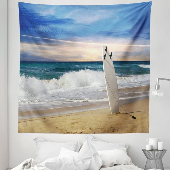Beach Tapestry, Surfboard on Sands Coastal Scenery Early Morning Ocean Foaming Waves, Fabric Wall Hanging Decor for Bedroom Living Room Dorm, 5 Sizes, Dark Teal Blue and Camel, by Ambesonne