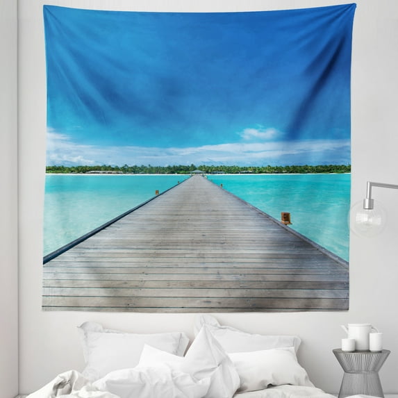 Beach Tapestry, Tropical Scenery of Maldives Wooden Pier Jetty Aquatic Exotic Ocean, Fabric Wall Hanging Decor for Bedroom Living Room Dorm, 5 Sizes, Azure Blue Turquoise Grey, by Ambesonne