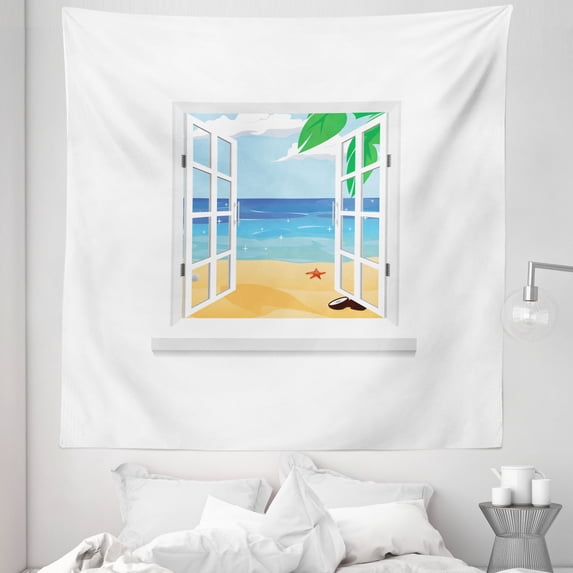 Beach Tapestry, View from Window Ocean with Coconut Leaves Starfish Cartoon Illustration, Fabric Wall Hanging Decor for Bedroom Living Room Dorm, 5 Sizes, Blue Sand Brown White, by Ambesonne