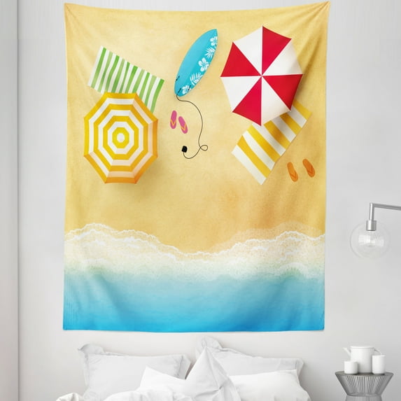 Beach Tapestry, Waves Umbrella Towels and Surfing Board Swimming Themed Summer Season, Fabric Wall Hanging Decor for Bedroom Living Room Dorm, 5 Sizes, Multicolor, by Ambesonne