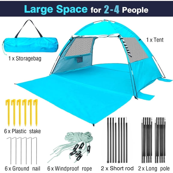 Beach Tent for 1/2/3/4/5/6 Person,Anti- Portable Sun Shade ShelterUPF 50+,Both Sides Extendable Floor,Extendable Awning,with 2 Ventilating Mesh Windows,Lightweight & Easy Setup.