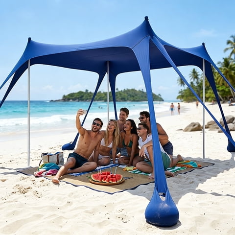 Beach Tent 10' x 10', Camping Sun Shelter UP50+ with 8 Sandbags, Sand Shovels, Ground Pegs & Stability Poles, Shade Beach Canopy for Camping Trips