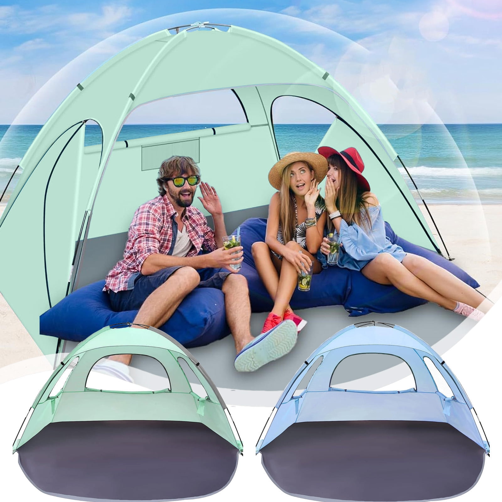 Beach Tent 3 4 Person UPF 50 Plus Sun Shelter Sky Blue Green, 210x140x115 cm, Portable Beach Camping Shade, Fiberglass Poles, 3 Way Ventilation, Sandbags, Stakes