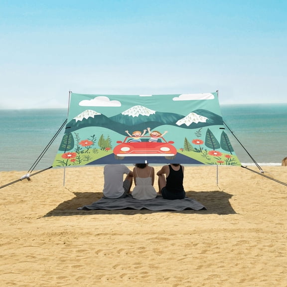 Beach Tent Beach Canopy 9.2x10.5Ft Beach Tent Sun Shelter Outdoor Canopy with Carry Bag for Camping, Backyard and Picnics Green Mountains and Blue Sky