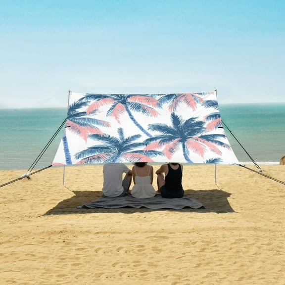 Beach Tent Beach Canopy 9.2x10.5Ft Beach Tent Sun Shelter Outdoor Canopy with Carry Bag for Camping, Backyard and Picnics Coral Colors Palm Trees