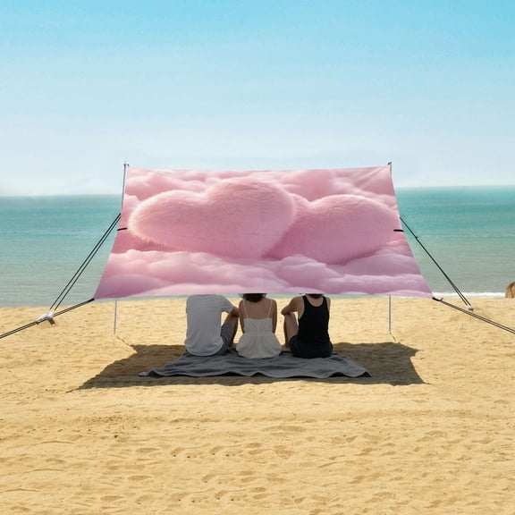 Beach Tent Beach Canopy 9.2x10.5Ft Beach Tent Sun Shelter Outdoor Canopy with Carry Bag for Camping, Backyard and Picnics Fluffy Pink Heart-shaped
