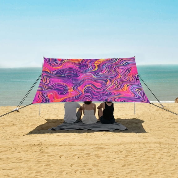 Beach Tent Beach Canopy 9.2x10.5Ft Beach Tent Sun Shelter Outdoor Canopy with Carry Bag for Camping, Backyard and Picnics Neon Pink Wavy Lines