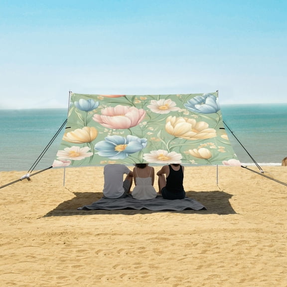 Beach Tent Beach Canopy 9.2x10.5Ft Beach Tent Sun Shelter Outdoor Canopy with Carry Bag for Camping, Backyard and Picnics Pink Tulips and Cosmos