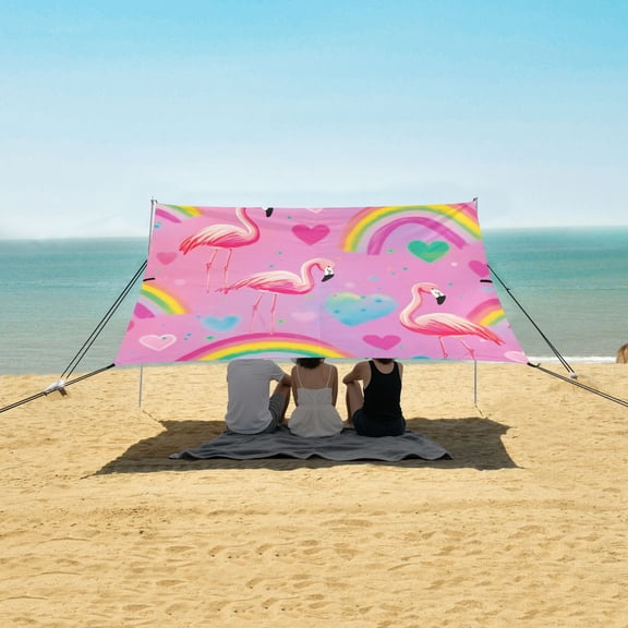 Beach Tent Beach Canopy 9.2x10.5Ft Beach Tent Sun Shelter Outdoor Canopy with Carry Bag for Camping, Backyard and Picnics Watermelon Hue Flamingos