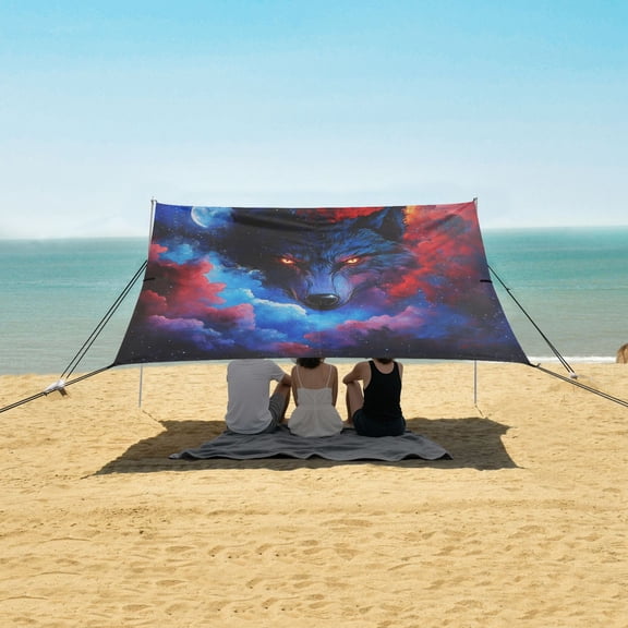 Beach Tent Beach Canopy 9.2x10.5Ft Beach Tent Sun Shelter Outdoor Canopy with Carry Bag for Camping, Backyard and Picnics Wolf Face and Moon