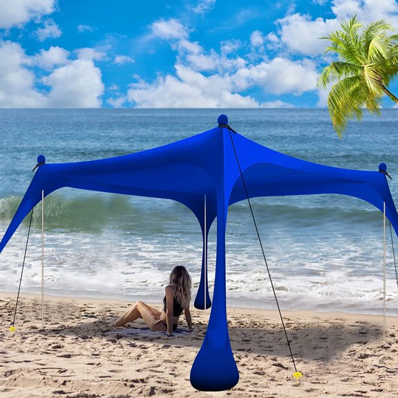 Beach Tent Pop Up Shade 10x10ft Canopy Sun Shelter UPF50+ with 4 Foldable Poles-Portable Carrying Bag-Sand Shovel-Ground Pegs-Windproof Ropes for Outdoor Family Camping-Fishing- Picnic