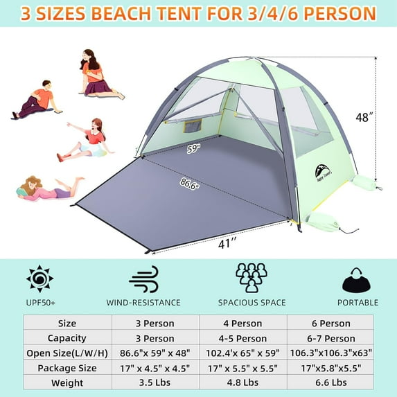 Beach Tent Shelter UPF 50+ for 3-8 People, Portable Beach Canopy with Ventilation Windows