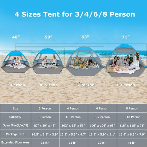 Beach Tent Shelter for 3-10 Person, UPF 50+ Canopy, Lightweight and Easy Setup Cabana