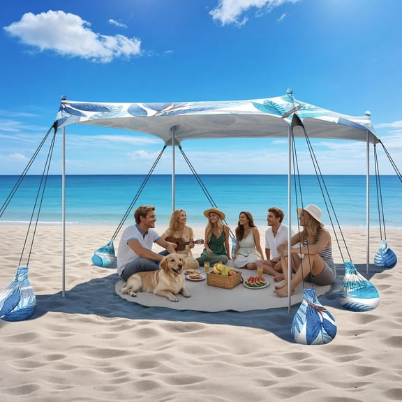 Beach Tent Sun Shelter, 10 x 10 FT Beach Canopy Tent Sun Shade, UPF50+ Tents Canopy with 8 Sandbags & 4 Stability Poles, Outdoor Tents for Camping Fishing