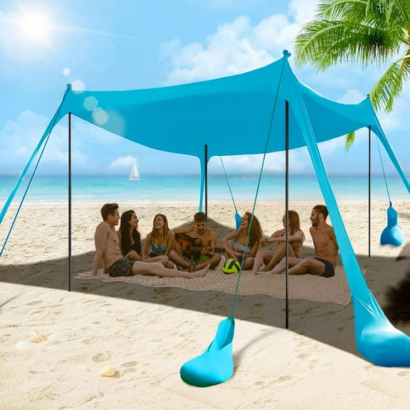 Beach Tent Sun Shelter 10x10FT Beach Shade Canopy with 8 Sandbags, UPF 50+ Protection Beach Shade Canopy, Outdoor Tent for Beach