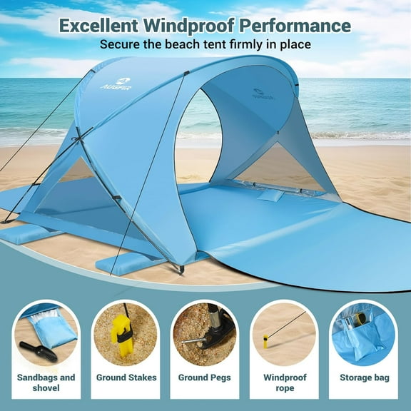 Beach Tent Sun Shelter with Beach Mat Set - 4 Person Portable Beach Shade Canopy with UPF 50+  Protection, Dual-Door Ventilation Design, Easy Setup Family Beach Umbrella (Blue)