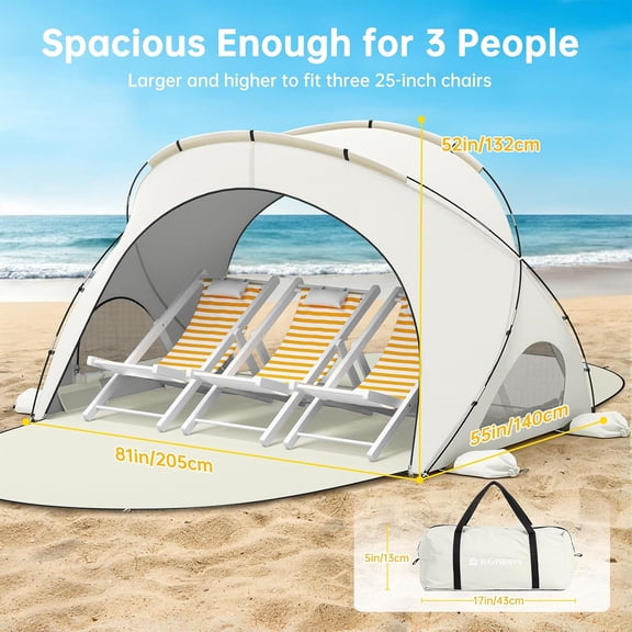Beach Tent Sun Shelter, Beach Shade Tent with UPF50+ Protection, Sun Shelter for 1-3 Person, Beaches Shade with 2 Zippered Doors, Portable Tents for Camping Fishing, Beige