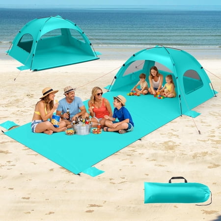 Beach Tent Sun Shelter with Extended Mat for 3 to 6 People UPF 50+ UV Protection Easy Setup Portable Shade Canopy with Mesh Windows Aqua Sky Bestseling