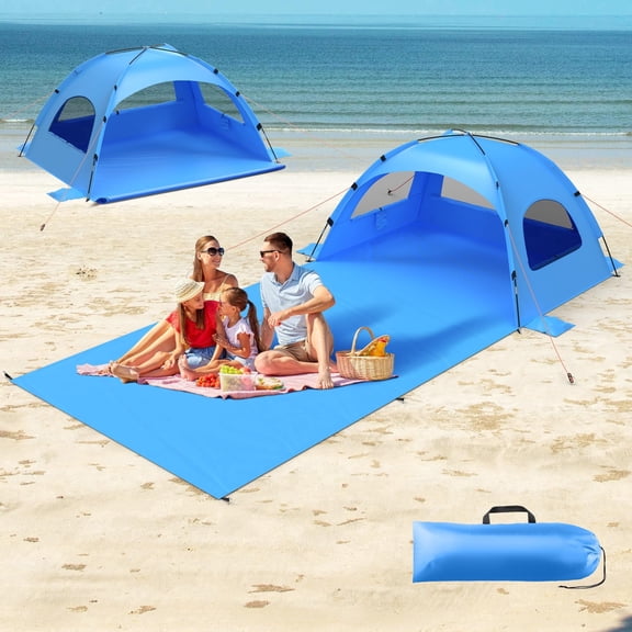 Beach Tent Sun Shelter with Extended Sand Mat for 3/4/6/8/10 Person,114x82inch” Mat,UPF 50+ Protection,Portable Easy Setup Beach Shade Canopy for Beach,Camping, Blue