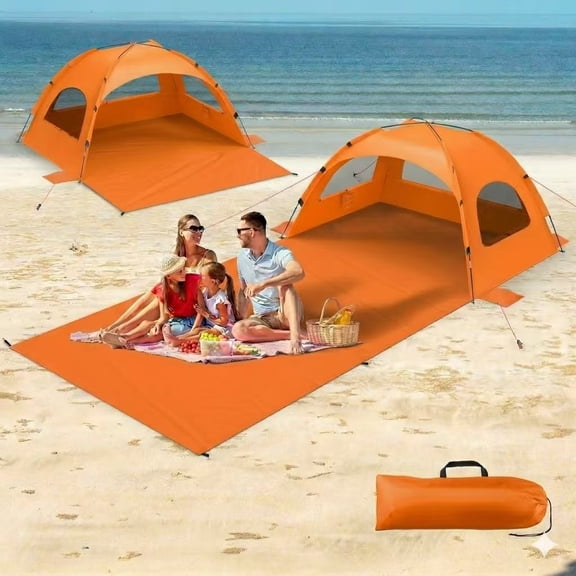 Beach Tent Sun Shelter with Extended Sand Mat for 3/4/6/8/10 Person,114x82inch Mat,UPF 50+ Protection,Portable Easy Setup Beach Shade Canopy for Beach,Camping,Orange