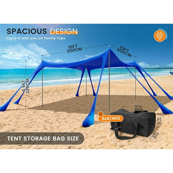 Beach Tent Sun Shelter, Portable Sun Canopy UPF50+ Outdoor Shade with 4 Stability Poles and 8 Sandbags, 10 x 10ft, Sand Shovel, Ground Pegs and Carry Bag for Beach, Camping, Fishing, Picnics