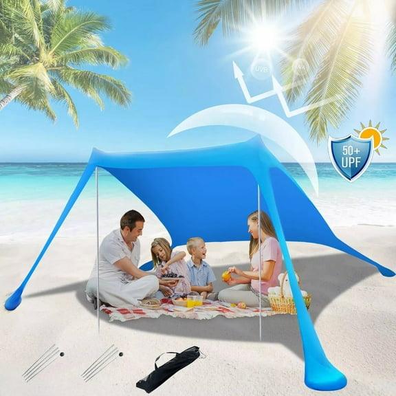 Beach Tent Sun Shelter, Portable UPF50+ Sun Shade Canopy, Waterproof & Windproof Awning for 2-4 People, Lightweight Camping & Beach Canopy with Sandbag Anchors, 6.8ft x 6.5ft