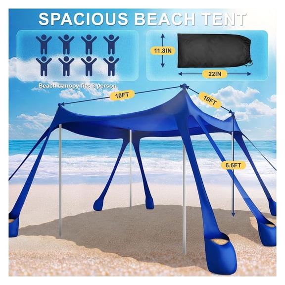 Beach Tent Sun Shelter UPF 50+, 10x10 FT Beach Canopy, Portable Sun Shade with Sandbags, Outdoor Camping Tent for Family, Fishing, Picnics