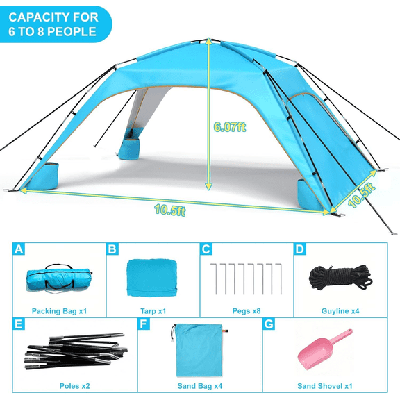 Beach Tent Sun Shelter UPF 50+, 10x10 FT Beach Canopy, Windproof Beach Shade with Sandbags, Portable Sun Shade for Camping, Fishing, Picnics