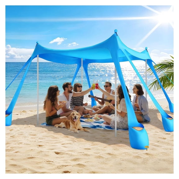 Beach Tent Sun Shelter UPF 50+, 10x10 FT Canopy, Windproof Beach Shade with Sandbags, Outdoor Sun Canopy for Camping, Fishing, Picnics