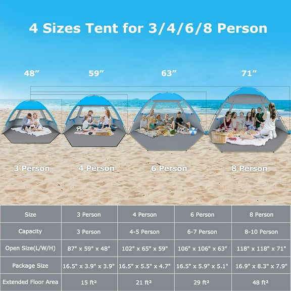Beach Tent Sun Shelter for 3/4-5/6-7/8-10 Person, UPF 50+  Protection Beach Canopy, Lightweight and Easy Setup Cabana, Portable Shade Tent