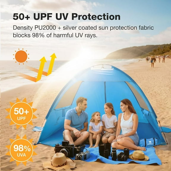 Beach Tent UPF 50+  Shelter for 2/3/5/6 Person, Lightweight Portable  Shade with Sand Anchor