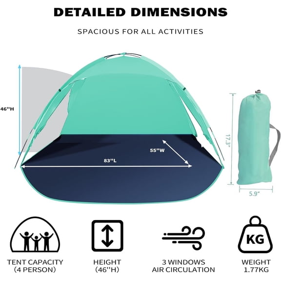 Beach Tent for 3-4 People, UPF50+  Shelter with 3-Zipper , Reinforced Fiberglass Poles, Portable Shade Canopy for Beach & Camping (Green)