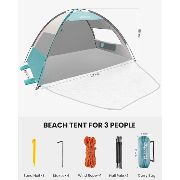 Beach Tent with 2 Ventilated , UPF50+  Shelter for 3 People, Lightweight Portable Canopy with Carrying Bag
