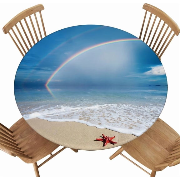 Beach Texture Background Round Tablecloth Fitted with Elastic Edge Waterproof Wipe Clean Table Cover for Camping Outdoor, Fit for Diameter 32.2"-36.1" Round Table, Style 4