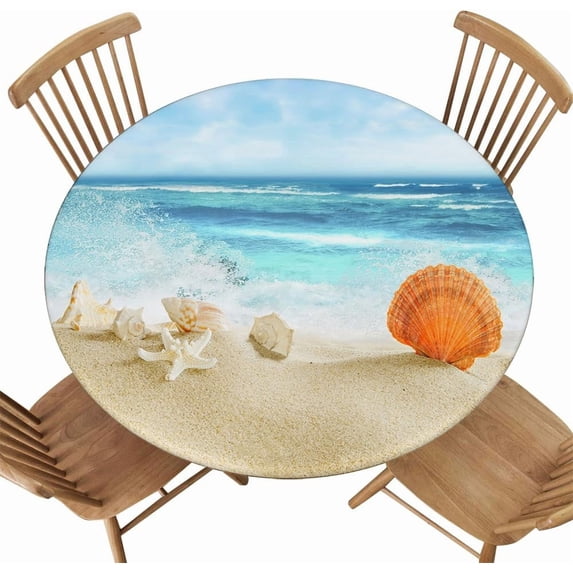 Beach Texture Background Round Tablecloth Fitted with Elastic Edge Waterproof Wipe Clean Table Cover for Camping Outdoor, Fit for Diameter 32.2"-36.1" Round Table, Style 144