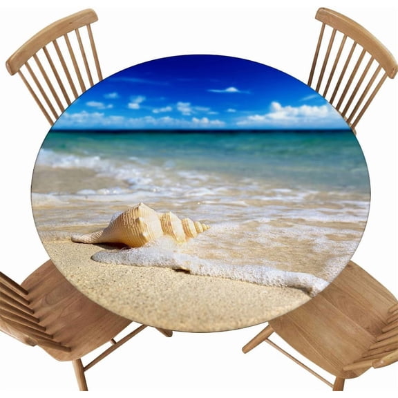 Beach Texture Background Round Tablecloth Fitted with Elastic Edge Waterproof Wipe Clean Table Cover for Camping Outdoor, Fit for Diameter 32.2"-36.1" Round Table, Style 34