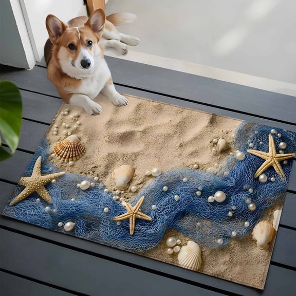Beach Theme 2x3 Area Rugs for Living Room, Summer Seaside Sand Starfish Pearls Fishing Nets Non Slip Floor Mat Washable Low-Profile Indoor Carpet for Bedroom, Dining Room, Bathroom