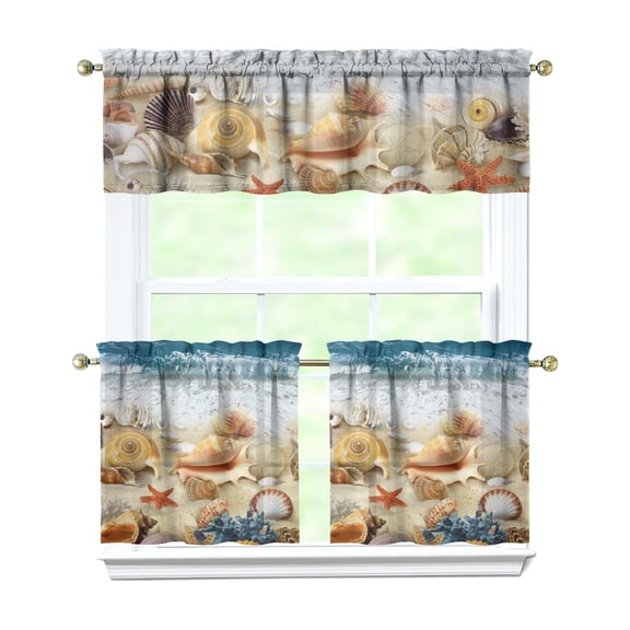 Beach Theme 3 PCS Kitchen Curtains - Starfish & Seashells Print, Light Filtering Rod Pocket Valance and Tier Panels, Nautical Window Treatments for Bathroom or Laundry Room